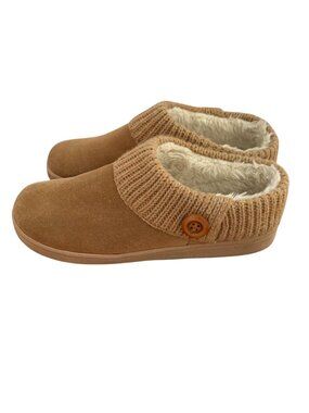 The Vermont Country Store Suede Slipper Clogs Ragg Cuff Faux Fur Tan Womens 10M